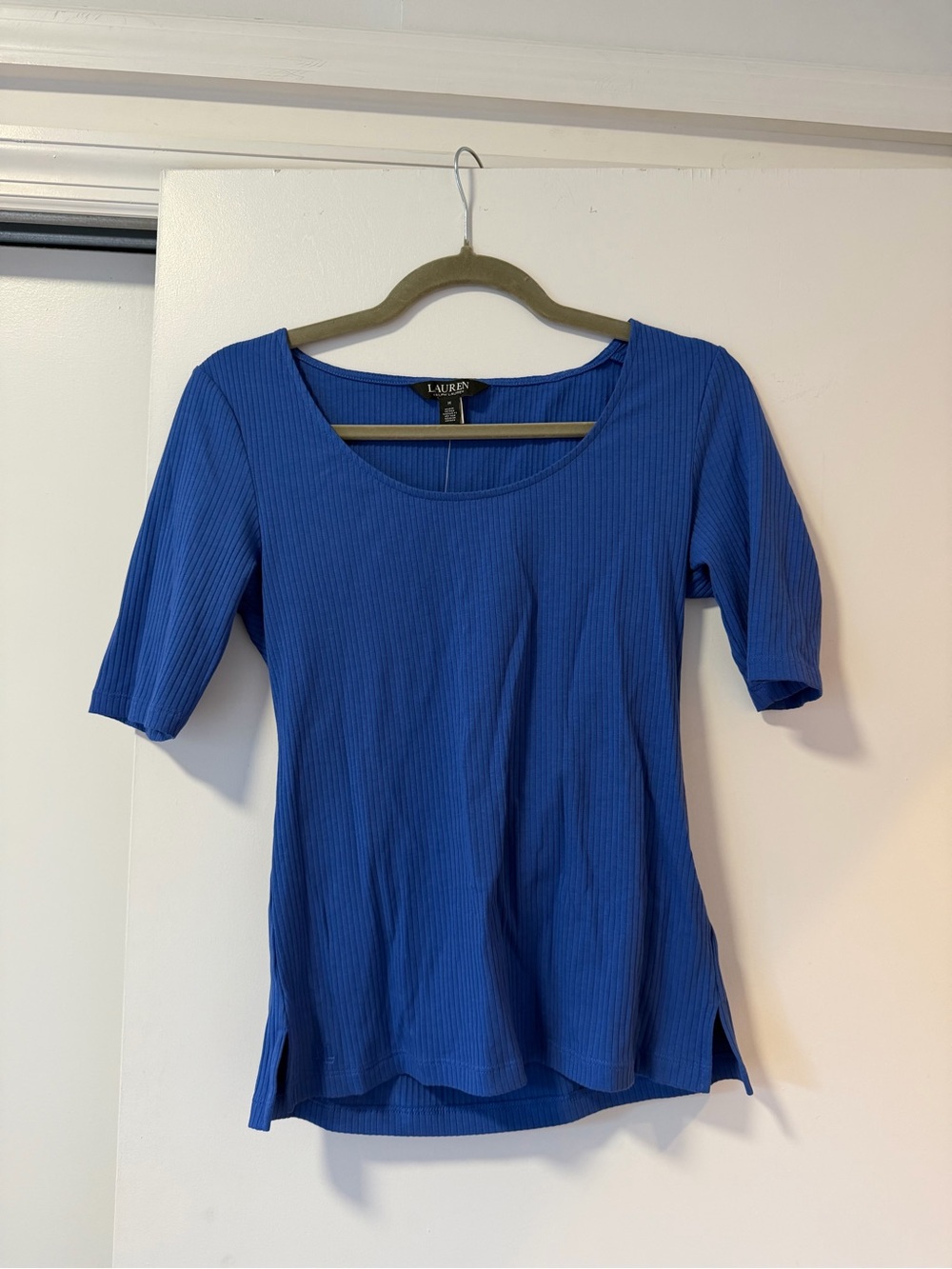 Lauren Ralph Lauren Royal Blue Ribbed Scoop-Neck Short Sleeve Top